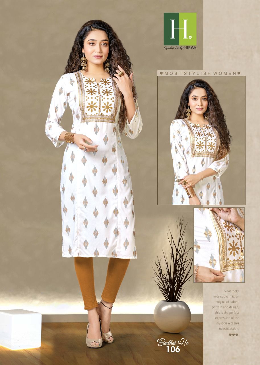 Hirwa Badhai Ho Rayon Regular Wear Rayon Designer Kurti Collection